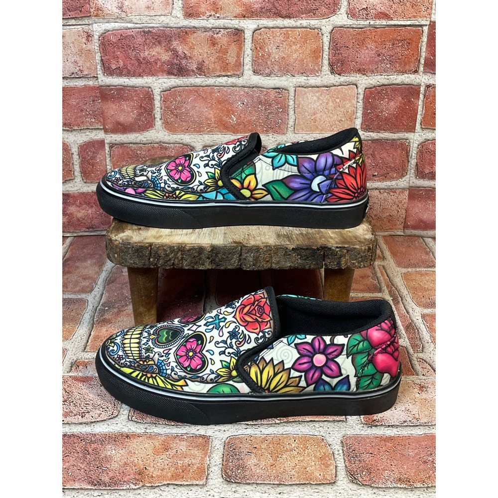 Groove Bags Sugar Skull Slip On Sneakers Dia de los Muertos Floral Womens 9